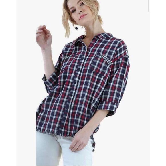Umgee Women's Plaid Gingham Light Weight Cotton Button Up Tunic Top Plus Size 1X - Picture 2 of 12
